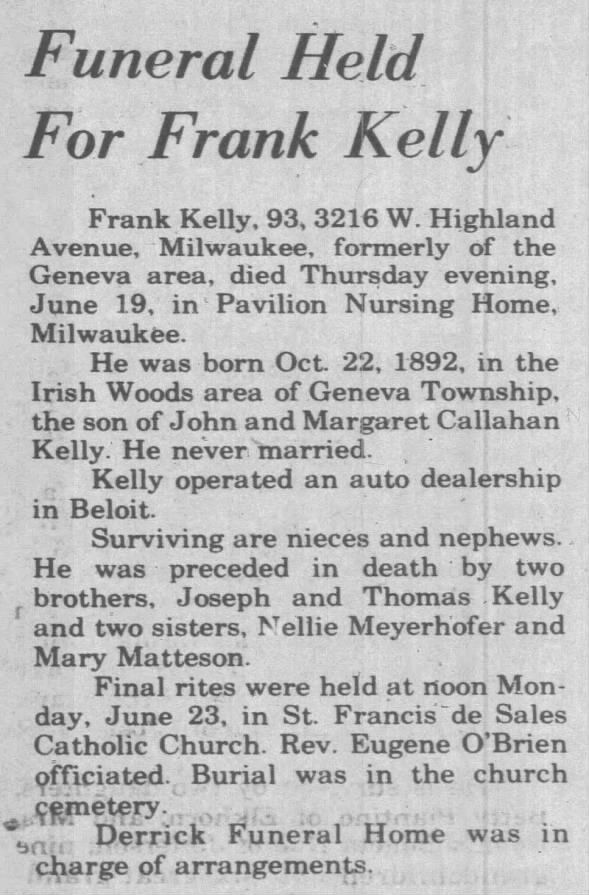 Obituary for Frank Kelly (Aged 93)